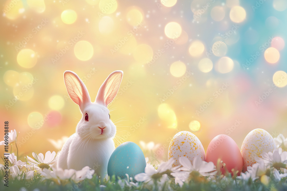 Poster rabbit is sitting in a field of flowers and eggs. the rabbit is white and the eggs are in various co