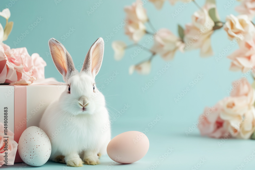 Poster white rabbit is standing in front of a pink box with a pink ribbon. the rabbit is looking at the cam