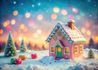 Candy-colored gingerbread house gleams, a minimalist winter wonderland in snowy stillness.