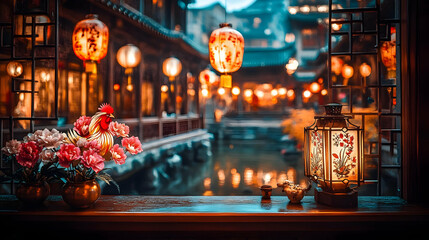 Obraz premium Night Scene in Asian City, Lantern Lit Window View