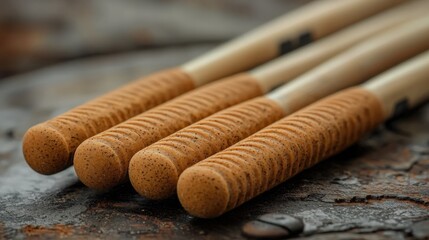 Close-up of drumsticks arranged on a textured wooden surface in natural light