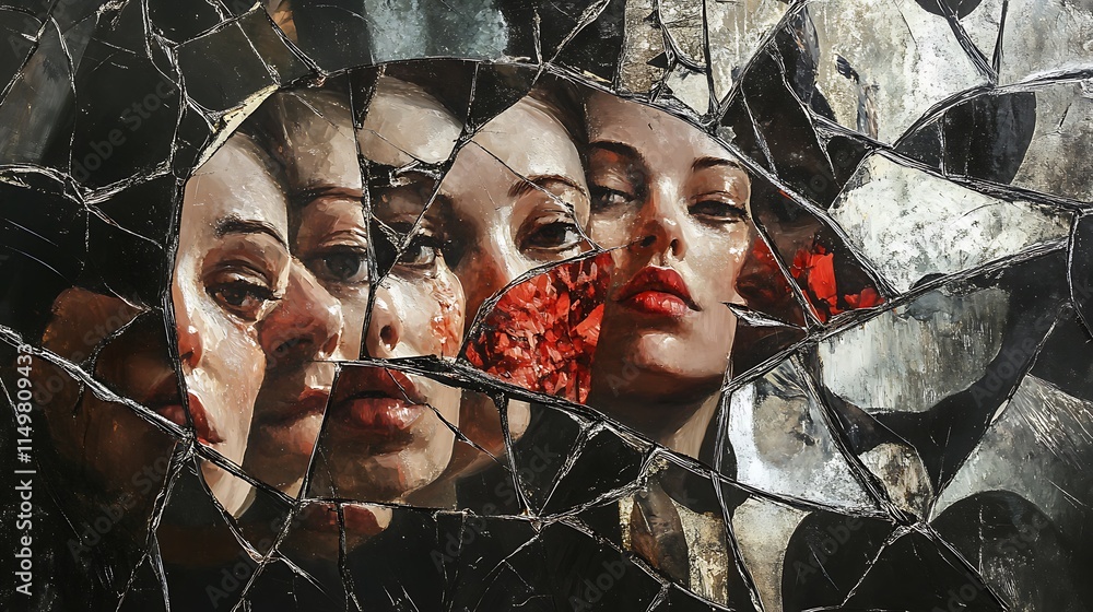 Poster striking painting depicting multiple female faces fractured within a shattered mirror for artwork ex