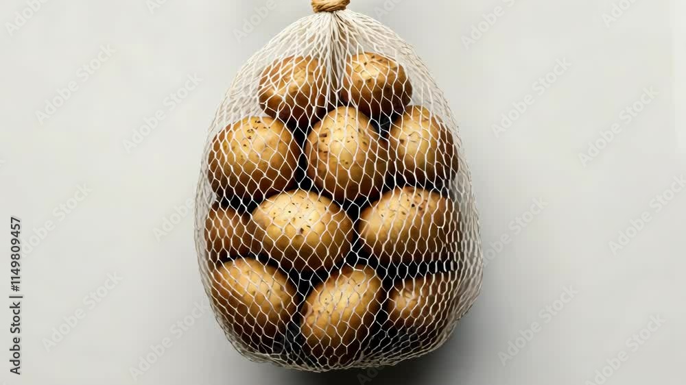 Poster bag of potatoes is hanging from a string. the potatoes are in a mesh bag and are all different sizes