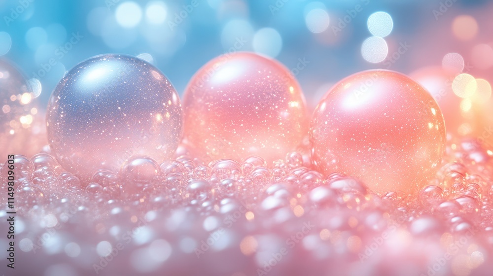 Poster three iridescent spheres rest on a bed of smaller bubbles, illuminated by a soft, colorful bokeh.