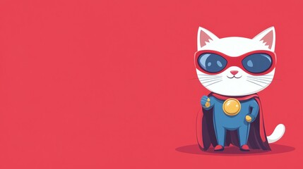 Fototapeta premium A cartoon superhero cat wearing a blue suit and red cape stands on a red background.