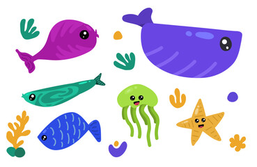 Different many colorful illustration of ocean animals for children, fun education poster for kids, school activity, set of sea creatures, vector elements