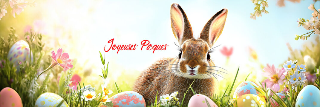 easter bunny in the grass and french text  joyeuses paques
