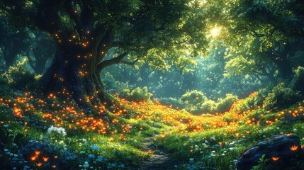 Fototapeta premium Magical forest, glowing flowers, ancient tree.