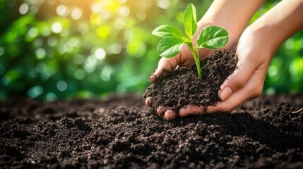 Hands holding a young plant seedling in soil.