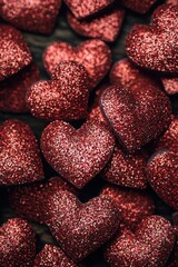 Red glittery hearts scattered on dark wood for seasonal celebrations
