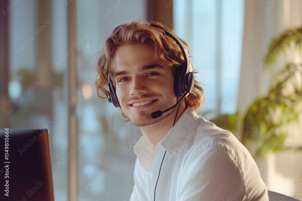 Poster man wearing a headset and smiling in front of a computer. he is wearing a white shirt and is sitting