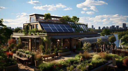 Vibrant rooftop eco-farm flourishing with vegetables and herbs in the city - Generative AI.