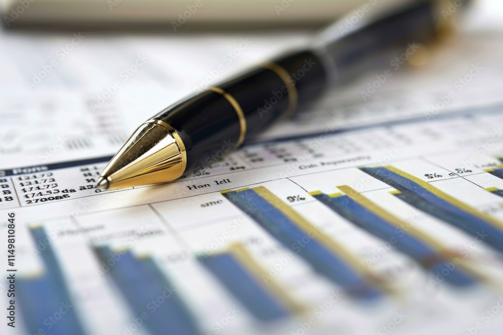 Poster analyzing market trends with an elegant pen resting on financial charts and spreadsheet data