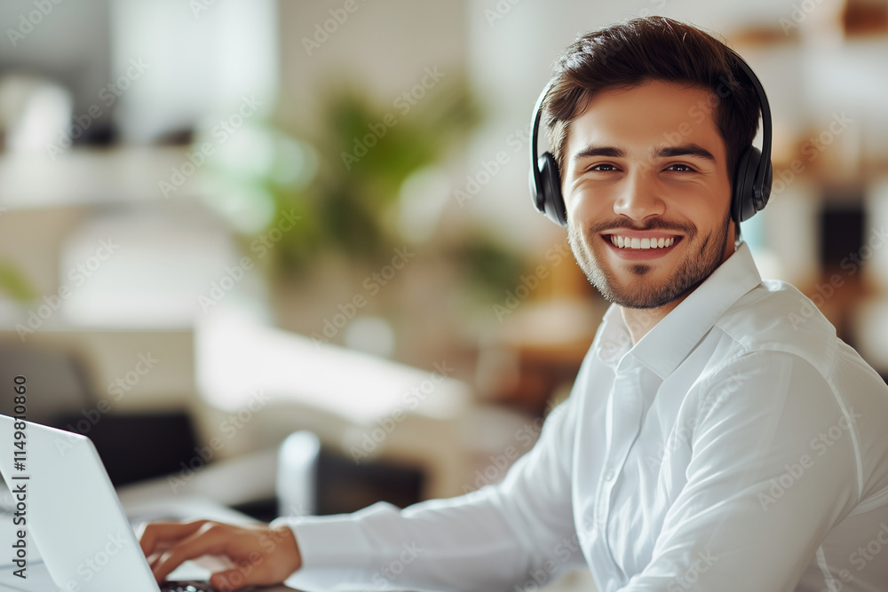 Poster man wearing headphones and smiling while sitting at a desk with a laptop. he is working or enjoying 