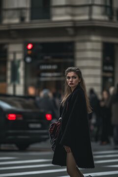 Stylish woman in black coat on a busy city street in a fashion shot