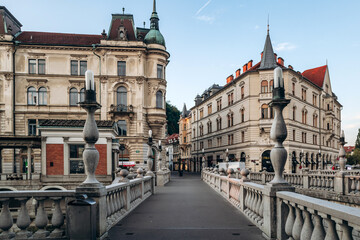 Ljubljana, Slovenia - 14 August 2024: The Triple Bridge in the center of Ljubljana, built in 1842