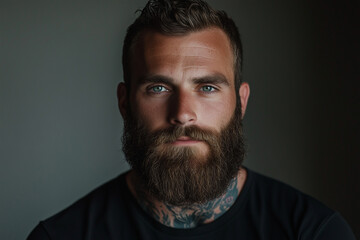 Fototapeta premium man with a beard and tattoos on his neck and arm is smiling. He has a blue eye and a mustache