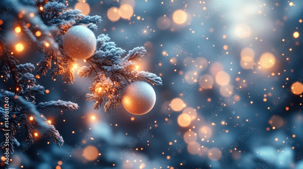 Poster snowy tree branch with glowing ornaments and bokeh lights.