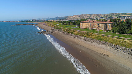 Coastal landscape with building and beach.
