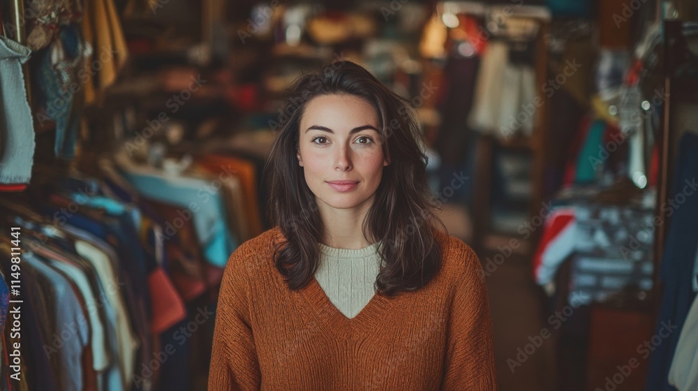 Poster a woman standing in front of a rack of clothes