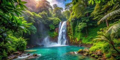 Discover Costa Rica's hidden gem: a lush rainforest waterfall, emerald waters cascading through vibrant green jungle.