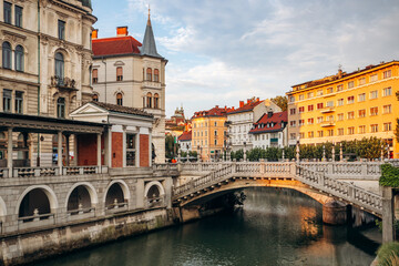 Naklejka premium Ljubljana, Slovenia - 14 August 2024: Preseren Square, the central square in Ljubljana. It is part of the old town pedestrian zone and a major meeting point