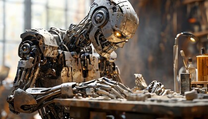 A close-up of a robot meticulously crafting an object in an industrial workshop. The surrounding tools and mechanical components highlight the intricate work and advanced robotics in this highly