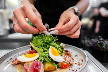 A chef delicately garnishes a fresh salad with vibrant greens, eggs, and colorful vegetables in a modern kitchen setting, showcasing culinary artistry and attention to detail.