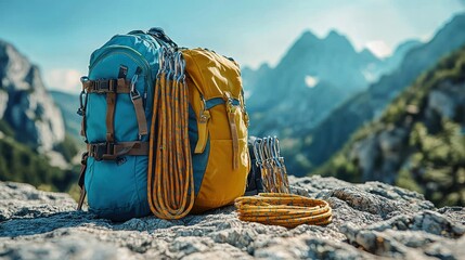 Backpacks and climbing gear on mountain peak.