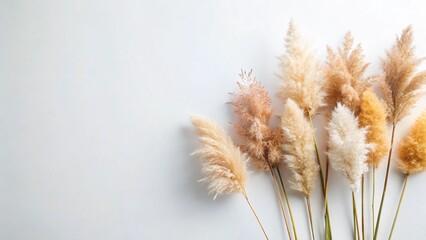 Top View Reed Flowers on White Background - Copy Space for Text and Design