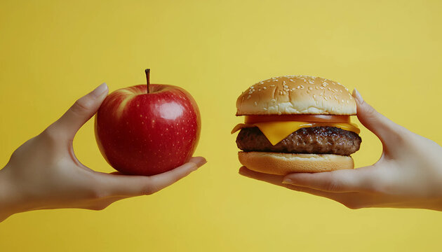 Una mano sujeta una hamburguesa con queso y otra mano sujeta una manzana contraponiendo comida basura y a comida saludable y vida sana