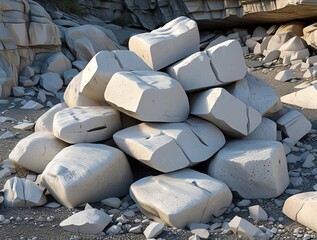 Fototapeta premium A pile of natural limestone boulders, smooth and porous textures, pale white and light gray hues, arranged on rocky terrain with scattered debris, generative ai