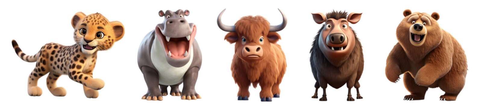 3d wild animal character png cut out element set, transparent background