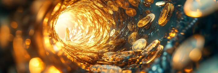 A kaleidoscope of wealth symbols, swirling around a figure, representing the endless possibilities in the realm of finance.  