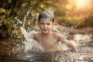 Fototapeta premium Young boy splashes joyfully in a creek during a sunny summer afternoon