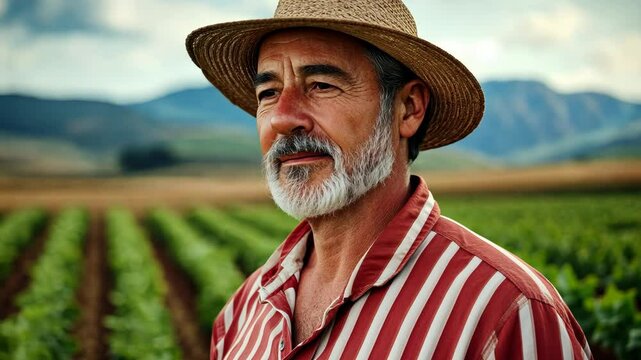 Man wearing a straw hat and a striped shirt stands in a field of green plants. He has a friendly and approachable demeanor