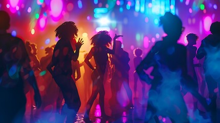 Vibrant silhouette of a diverse group dancing under neon lights in an abstract urban setting.