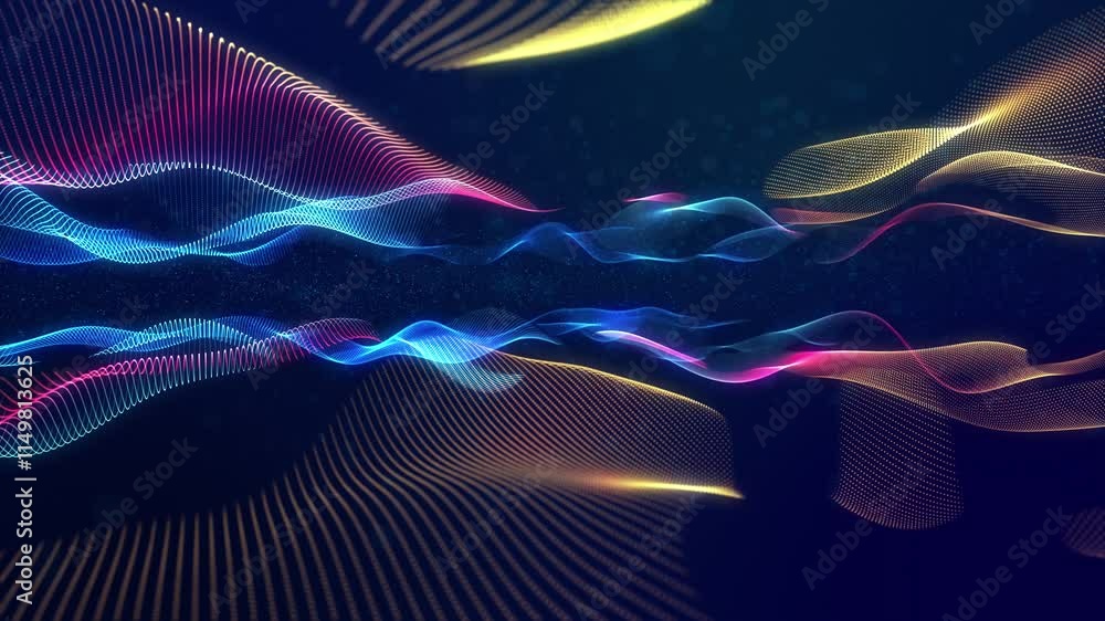 Poster glowing particles form surfaces with waves, layered blue purple structure. looped animation. trendy 