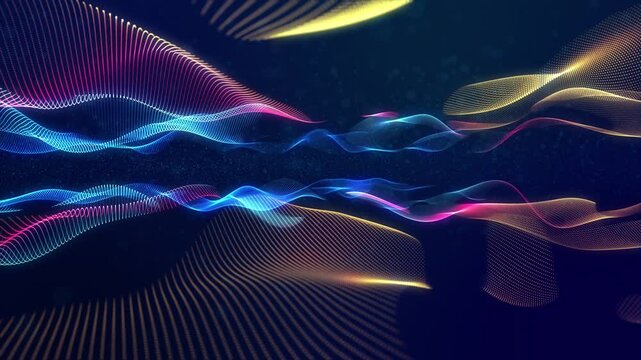 Glowing particles form surfaces with waves, layered blue purple structure. Looped animation. Trendy bg for presentations. Glowing particles for various events. Wide viewing angle. Large scale scene.