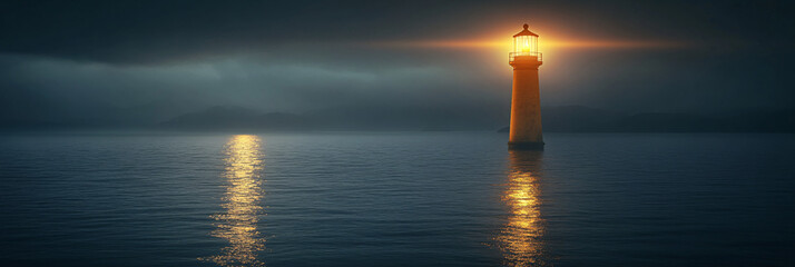 Fototapeta premium A lighthouse made of gold and silver, casting light over dark waters, guiding a figure toward safe harbor in their financial journey. 
