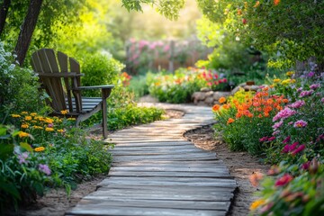 Beautiful garden path surrounded by colorful flowers with a wooden bench for relaxation