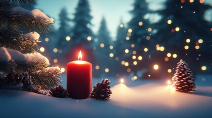 Lit red candle on snow with pine cones and trees.