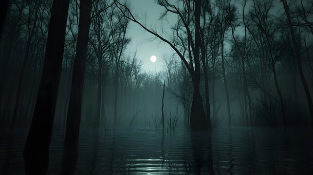 A dark swamp with thick, toxic fog and luminous, dangerous creatures