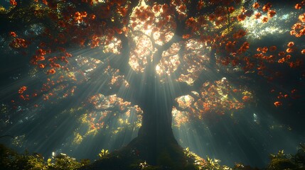 Sunbeams Through Blossoming Tree
