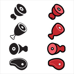 BBQ Meat Icons Set | Solid Black And Color Versions | Grilled Food Illustration