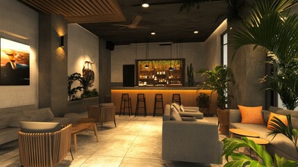 A relaxed co-working environment with oversized armchairs, ambient lighting, and a communal snack bar with an inviting layout