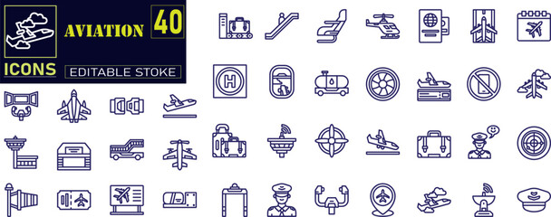 Aviation icon line. Flight Navigation, Airplane Cockpit, Pilot Uniform icons .