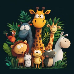 Naklejka premium Playful Safari Animals Grouped Together In Lush Foliage