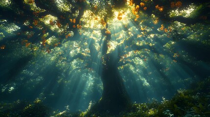 Fototapeta premium Magical Forest Sunlight, Trees, Leaves, Nature, Light, Green, Golden, Landscape, Rays, Scene