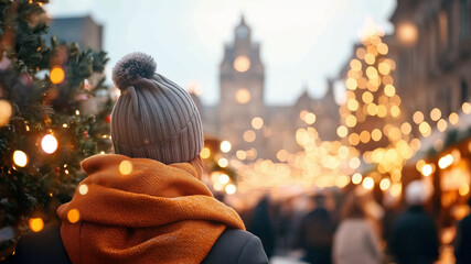 Fototapeta premium Cozy Holiday Atmosphere at a Festive Market with Twinkling Lights and Winter Decorations Captured in a Magical City Setting